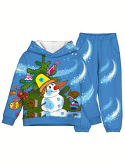 Boys Christmas Snowman Print Hooded Sweatshirt & Sweatpants Set