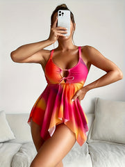 Ombre Hollow Out Bow Tie Tankini Set Spaghetti Strap Top & Skirted High Waist