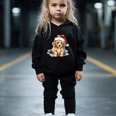 Girls Dog Santa Hat Pattern Hooded Sweatshirt Sweatpants Set