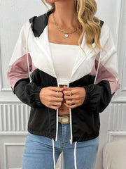 Block Hooded Jacket Zip Up Long Sleeve Outerwear Women's Clothing