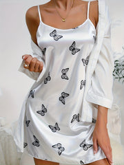 Butterfly Print Nightdress Crew Neck Spaghetti Strap Sleep Dress