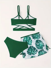 Girls Tropical Leaves Print Bikini Set with Cover Up