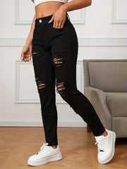 Stretchy Ripped Slash Pockets Pencil Jeans Slim Fitting Button Long Pants