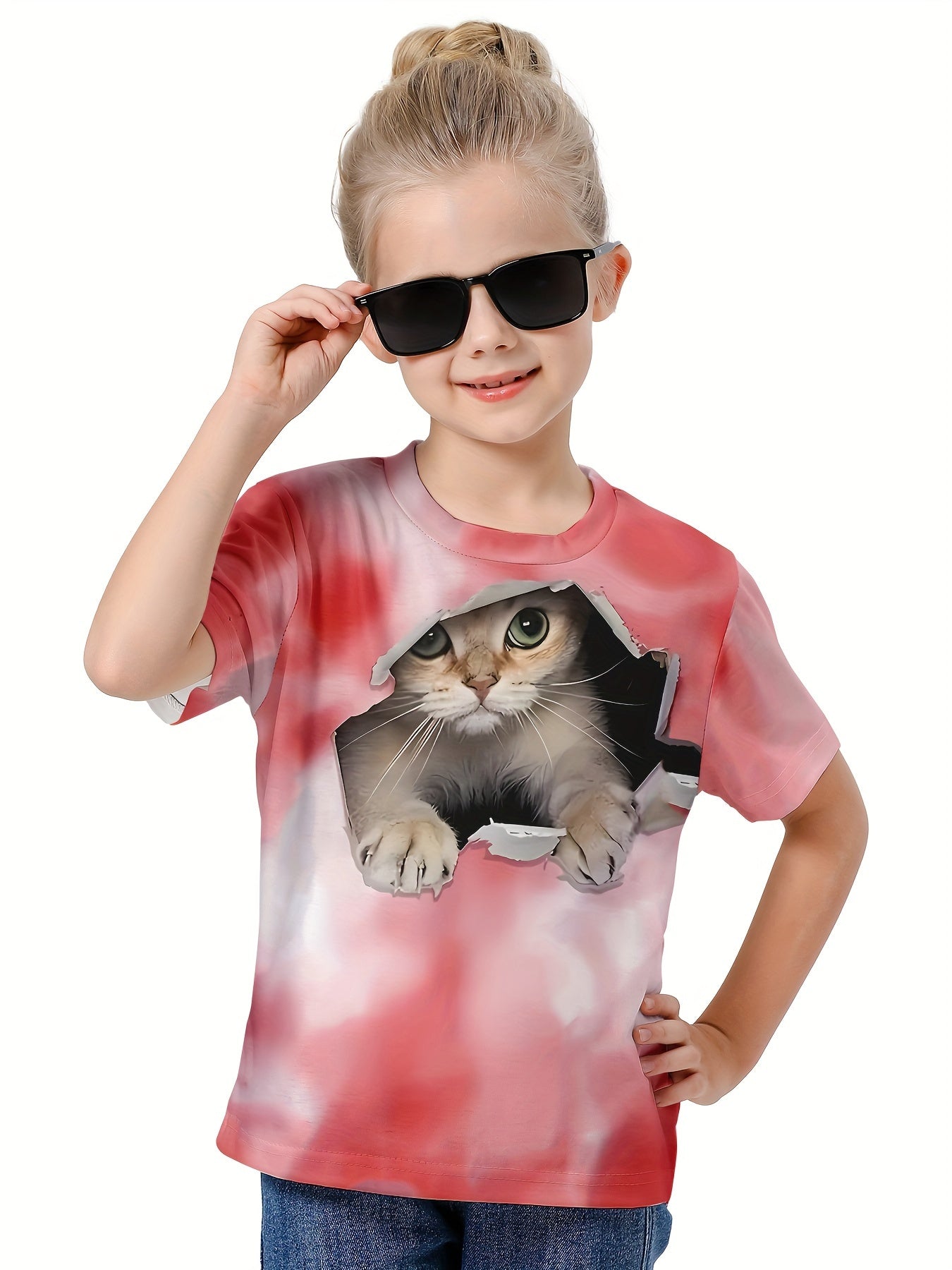 3D Cat Graphic Short Sleeve T shirt Girls Summer Sports