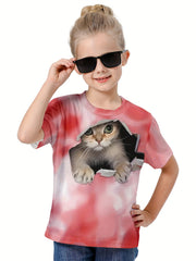 3D Cat Graphic Short Sleeve T shirt Girls Summer Sports