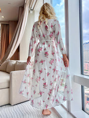 Floral Print Lace Night Robe Long Sleeve V Neck With Belt