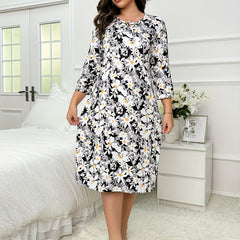 Nightdress Women's Plus Daisy Print Three Quarter Sleeve