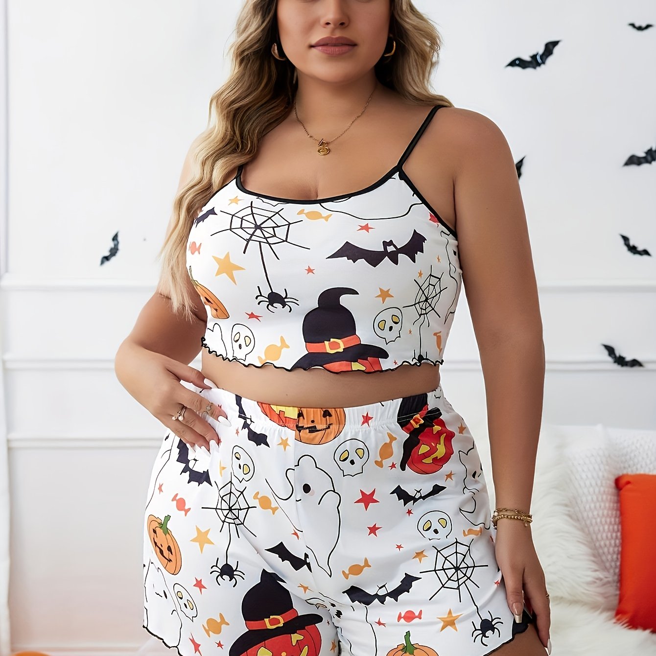 Gothic Pajamas Set Skull & Bat Print Crop Top & Shorts