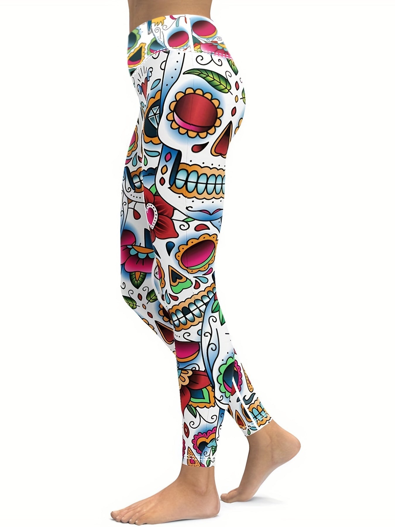 Skull And Flower Yoga Leggings For Halloween High Waist Fitness Pants