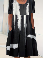 Brush Print Short Sleeve Stretch Dress With Pockets