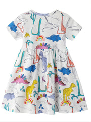 Girls Dinosaur Printed Crew Neck Dress Casual Summer Clothes