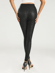 Leopard Print Faux PU Leather Sports Leggings High Waist Running Yoga Skinny Pan