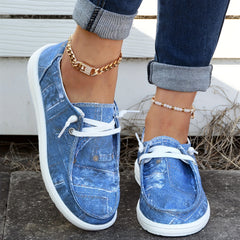 Women's Sea Denim Print Boat Shoes Lace Up Slip on Canvas Shoes