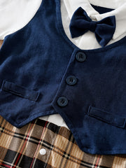 Baby Boys Plaid Tuxedo Romper With Bowtie