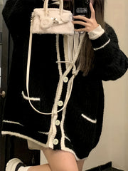 Contrast Trim Button Up Cardigan Loose Sweater