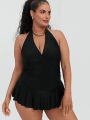 Women's Plus Solid Ruffle Trim Halter Neck One Piece Swimsuit