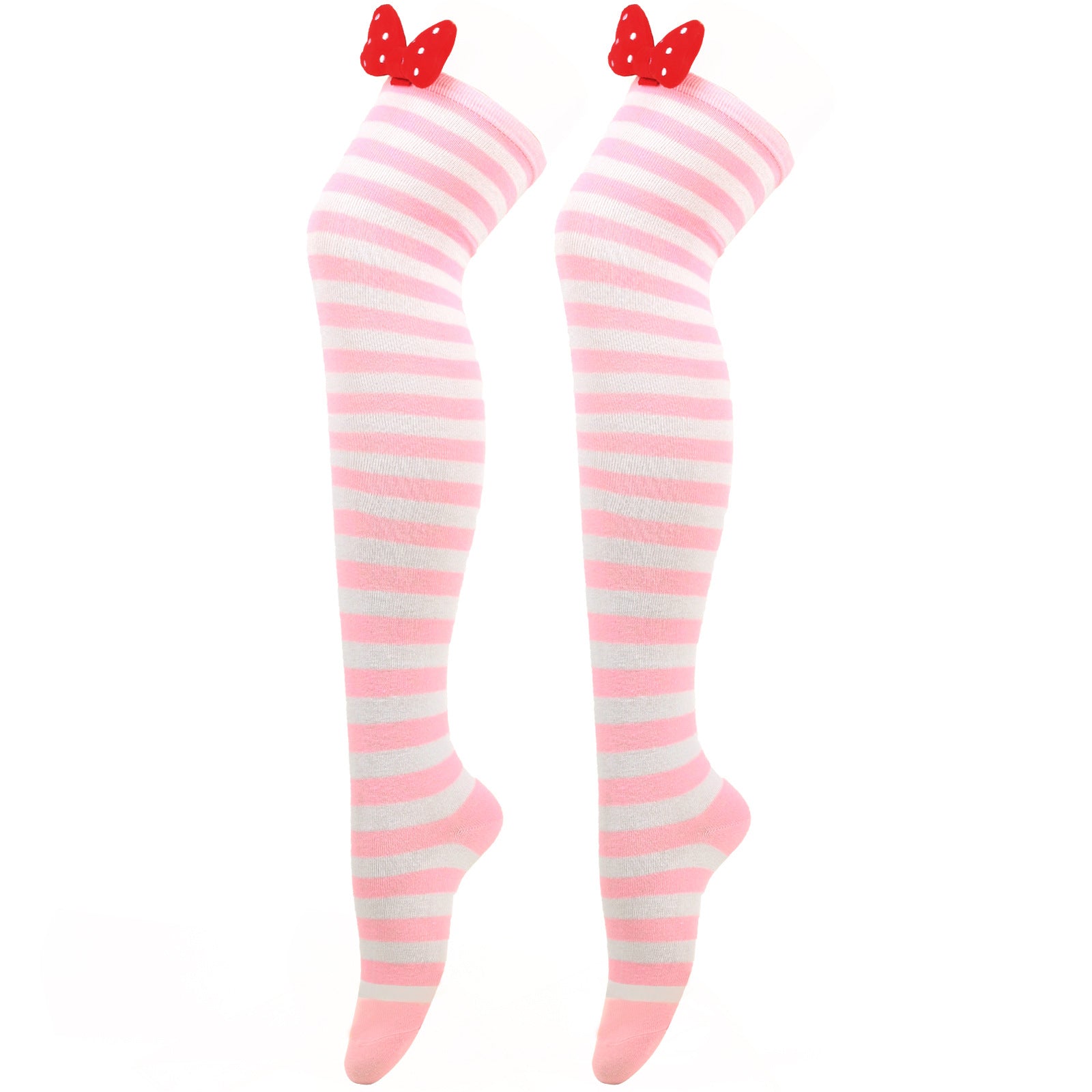 Striped Thigh High Stockings With Bow Over Knee Socks