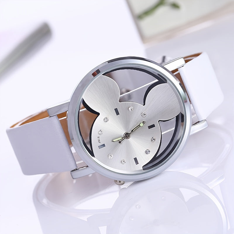 Girls Hollow Out Mouse Quartz Watch Faux Leather Band Holiday Birthday Gift