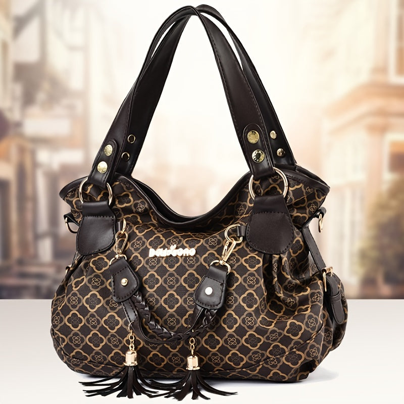 Floral Print Shoulder Bag Tassel Decor Faux Leather Purse