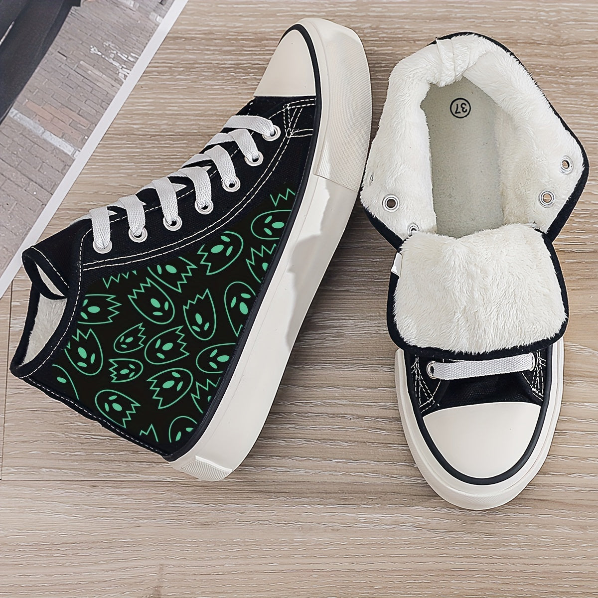 Ghost Print Plush Lined Chunky Canvas Sneakers High Top