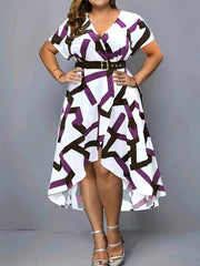 Women's Plus Geometric Print V Neck Wrap Dress With Belt