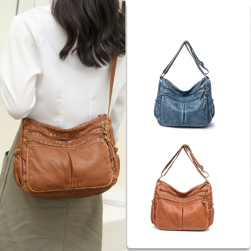 Retro Crossbody Bag Pockets Shoulder Bag Washed Leather Purse For Women