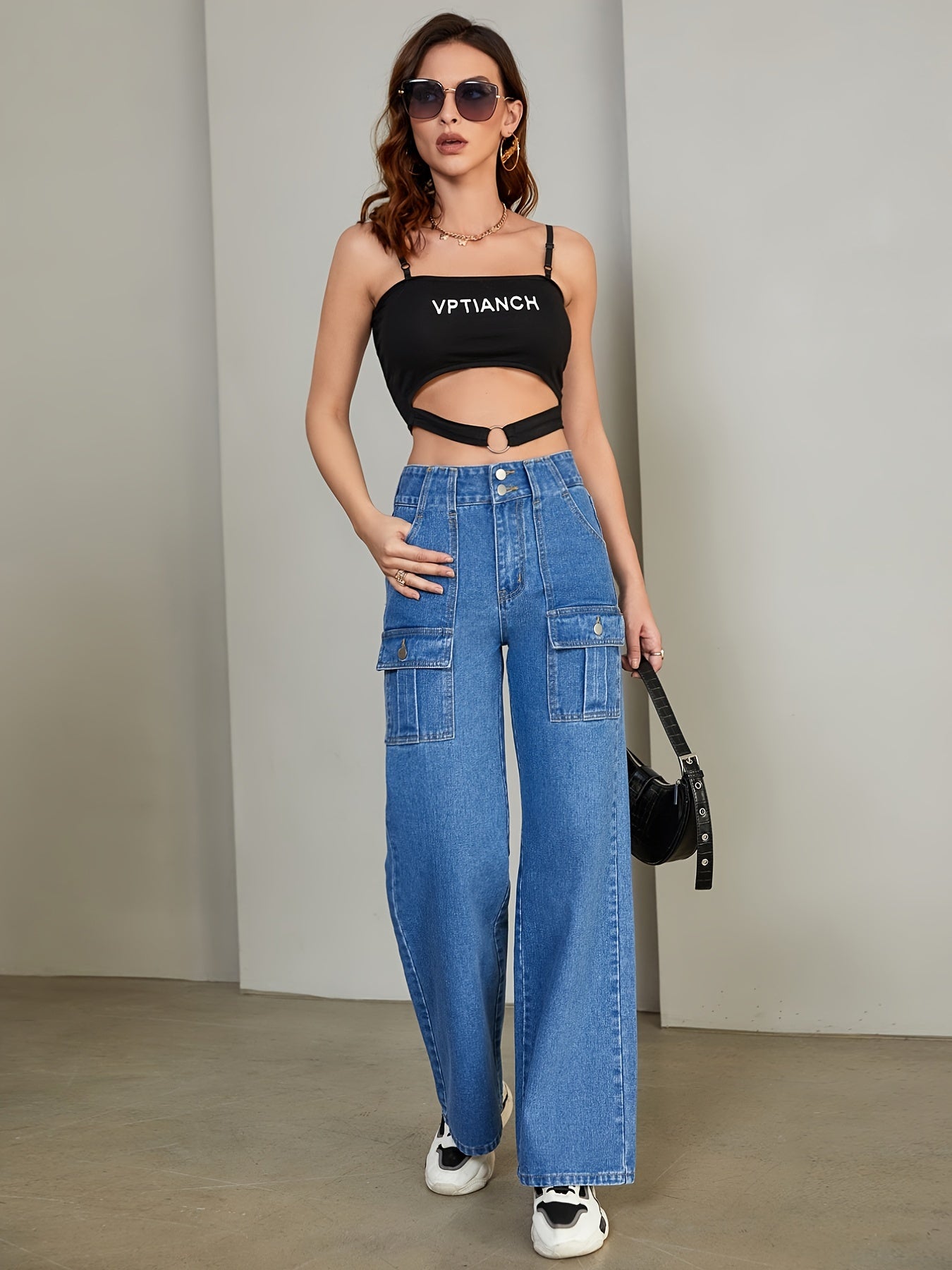 Flap Pockets Straight Jeans Loose Fit High Waist Non Stretch Denim Pants