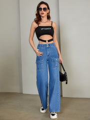 Flap Pockets Straight Jeans Loose Fit High Waist Non Stretch Denim Pants