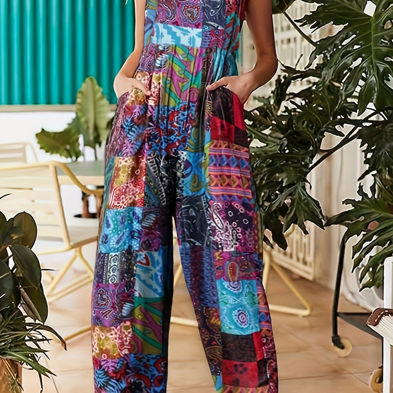 Boho Jumpsuit Women's Colorblock Scarf Print Square Neck Overalls