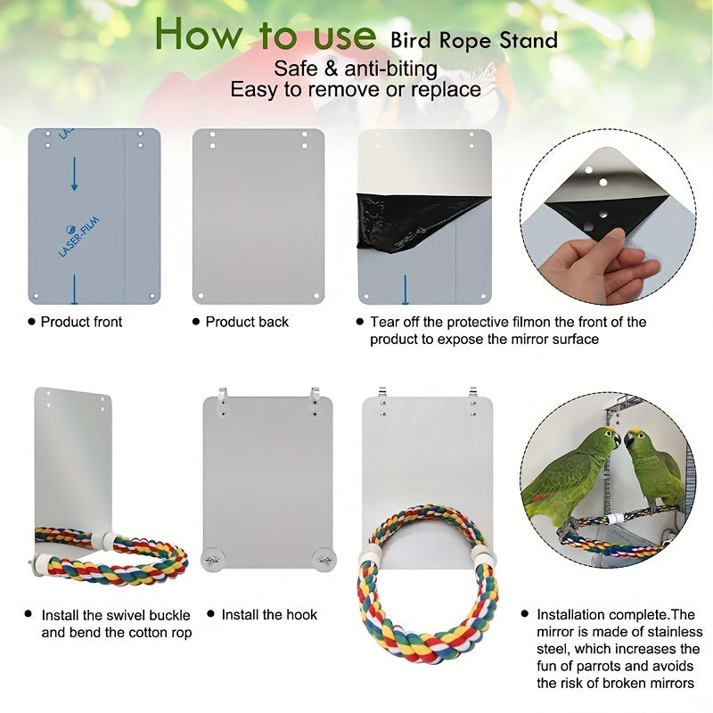 Bird Stand Rope Perch With Mirror Toy For Parrot