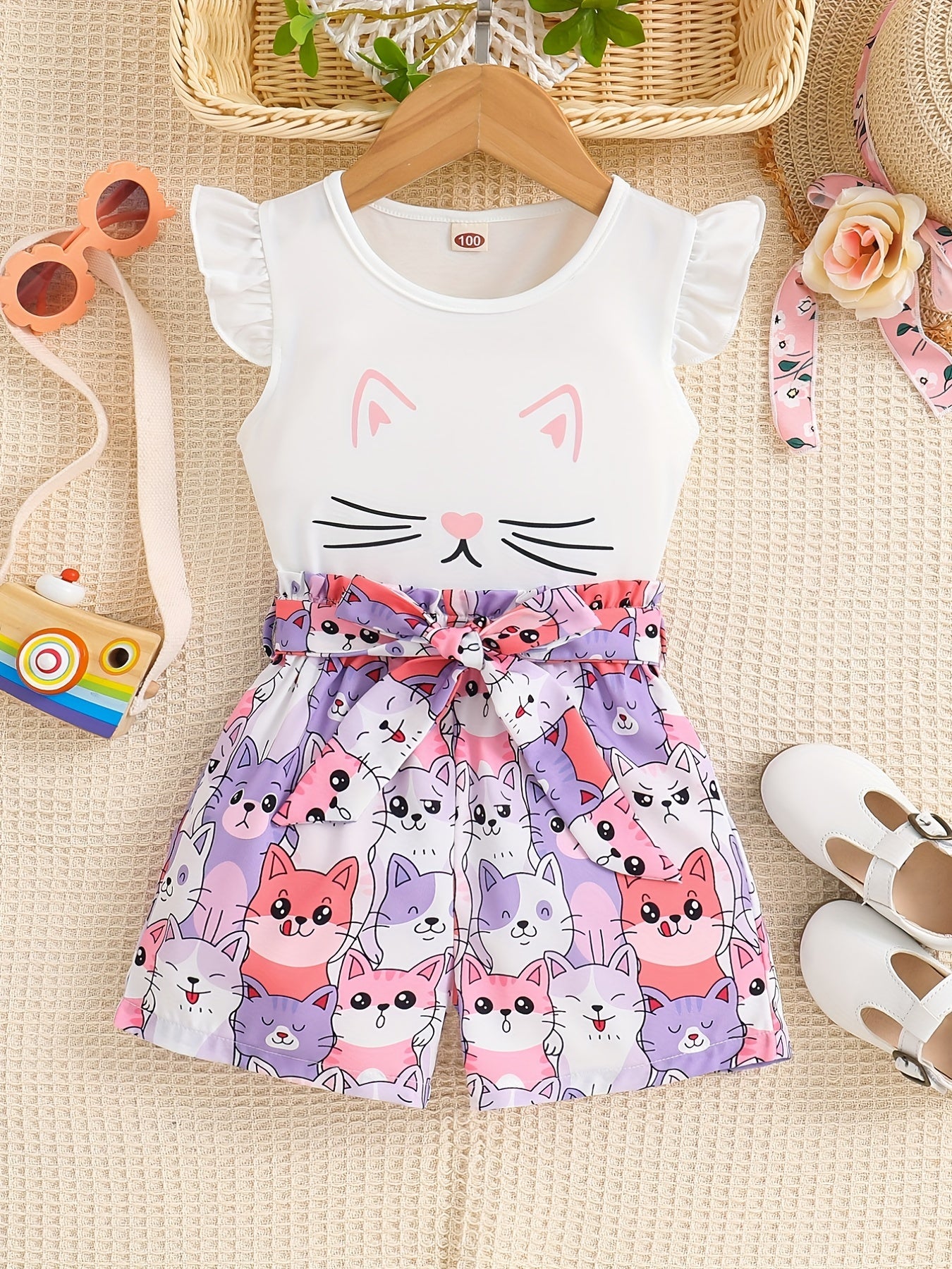 2pcs Toddler Girls Cat Graphic Ruffle Trim T Shirts Top & Shorts Set