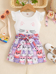 2pcs Toddler Girls Cat Graphic Ruffle Trim T Shirts Top & Shorts Set