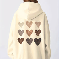 Hearts Print Hoodie Long Sleeve Casual Sweatshirt Women's Clothing