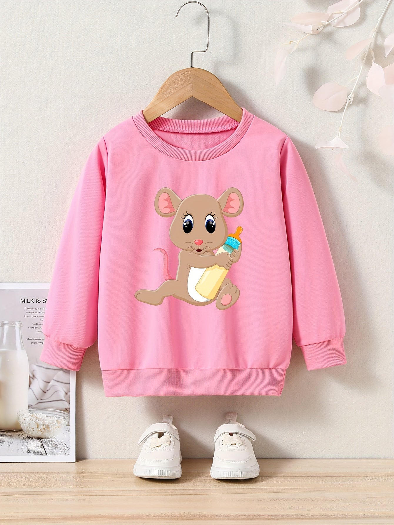 Cartoon Mouse Pattern Crew Neck Long Sleeve Sweatshirt For Girls Kids