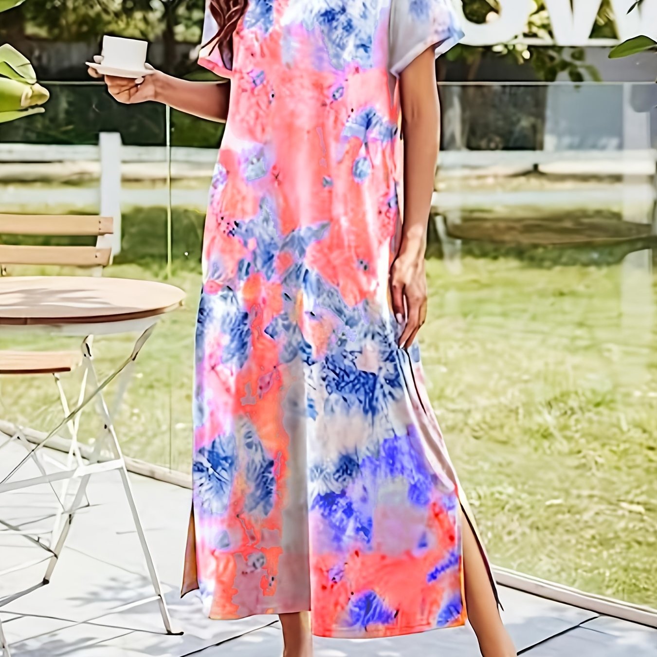 Tie Dye Print Dress V-Neck Short Sleeve Casual Dress