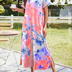 Tie Dye Print Dress V-Neck Short Sleeve Casual Dress