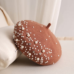 Faux Pearl Rhinestone Beret Winter Thermal Hat - Chinese New Year Gift