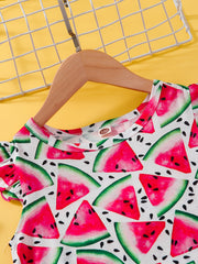 Girls Watermelon Graphic Dress Ruffled Sleeves Crew Neck Kids Summer Clothes
