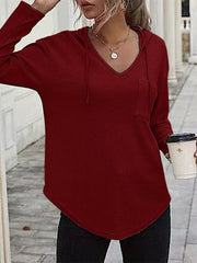 Solid Waffle Hoodies V Neck Sweatshirt With Drawstring