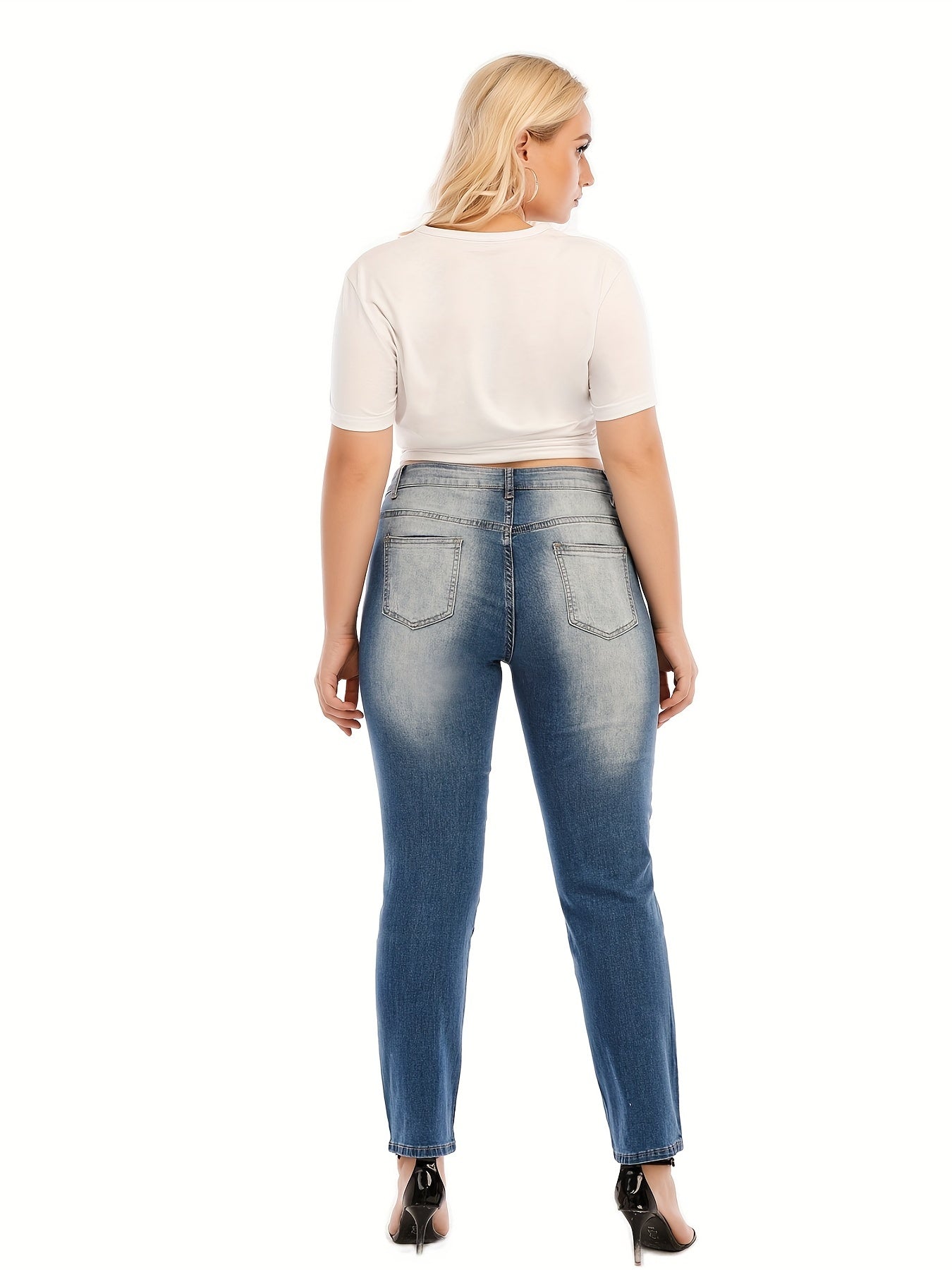 Washed Ripped Button Fly High Stretch Jeans