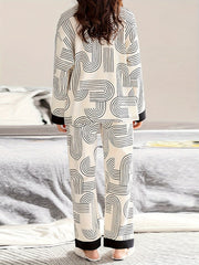 Geometric Print Pajama Set with Long Sleeve Top & Elastic Waistband Pants