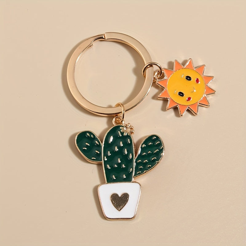 Cartoon Sun Cactus Flower Keychain Key Ring Purse Bag Backpack Car Key Charm
