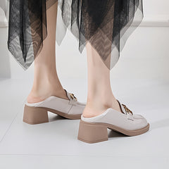 Women's PU Leather Block Heel Loafers Comfort Metal Chain Decor Square Toe Shoes