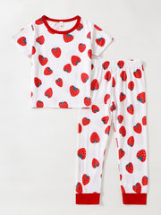 2pcs Strawberry Pattern Kid's Pajamas Set Comfy Casual PJ Set Girl's Loungewear
