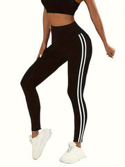 High Waist Sports Leggings with Striped Side - Women's Activewear