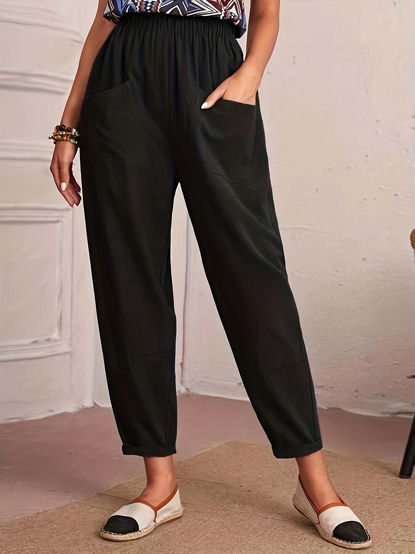 Ruched Elastic Waist Pants Solid Casual Pocket Front Pants