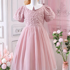 Girl's Princess Tutu Dress With Puff Sleeve Textured Top And Tulle Skirt