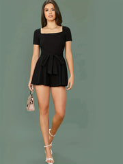 Solid Square Knit Romper Jumpsuit Casual Tie Waist Romper Jumpsuit