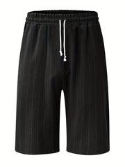 Breathable Striped Flat Front Shorts Men's Casual Waist Drawstring Shorts