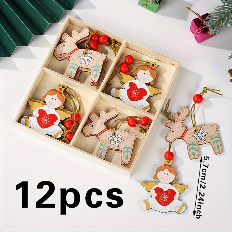 12pcs Wooden Reindeer Doll Christmas Tree Hanging Ornaments